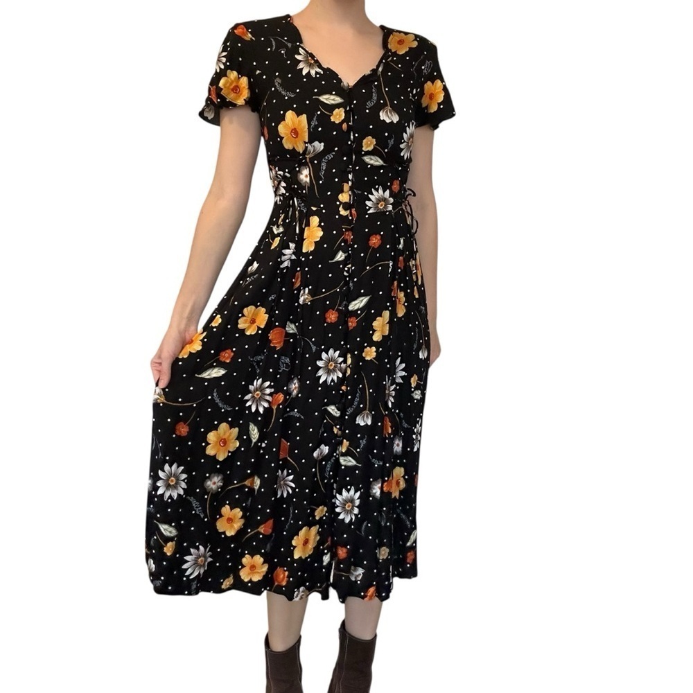 Vintage Lace Up Dress Midi Modest 90s Whimsigoth Fall Floral Black Size Small